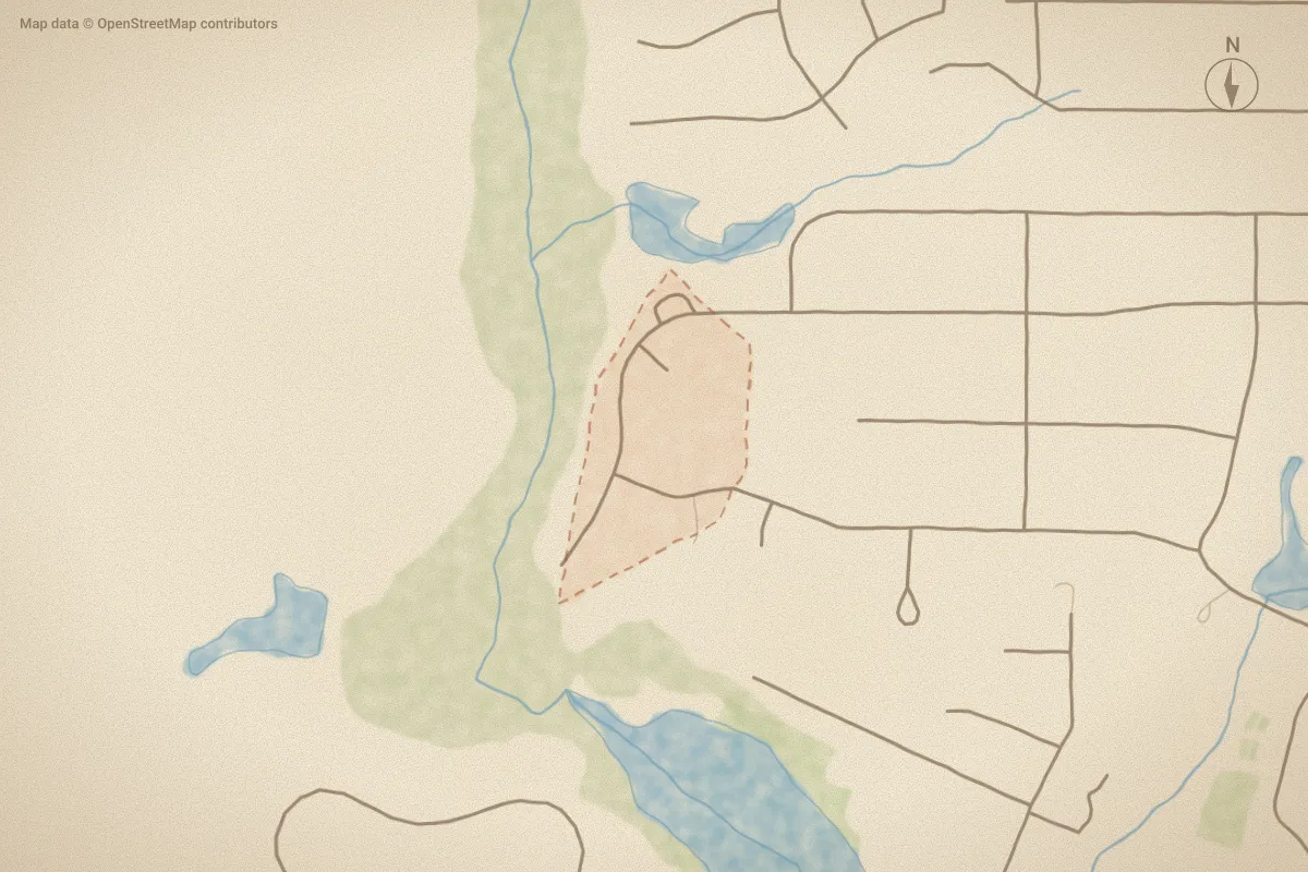 Watercolor map of Forest Hills Pointe in Aberdeen, NC, showing its streets, water and surroundings