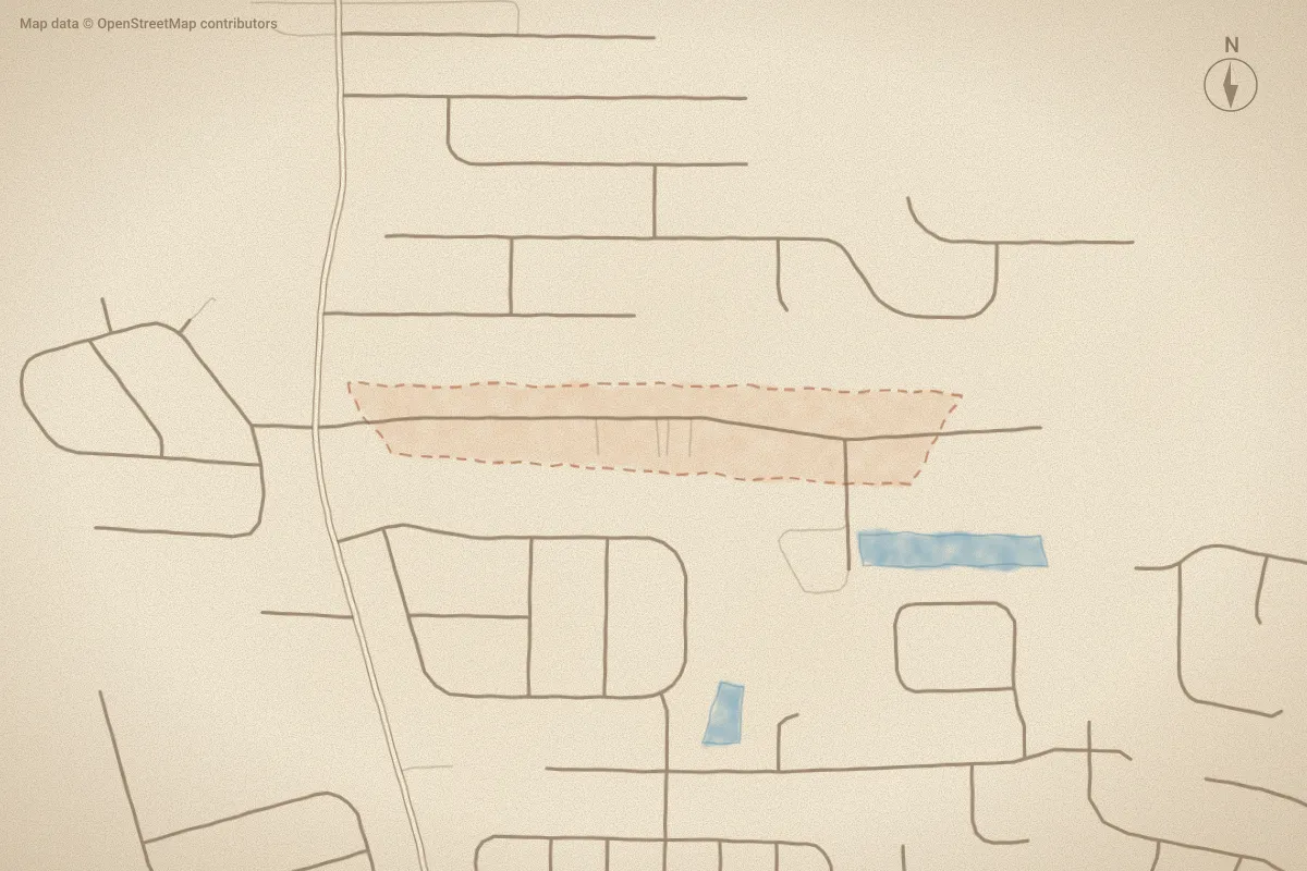 Watercolor map of Forest Pines in Greenville, NC, showing its streets, water and surroundings
