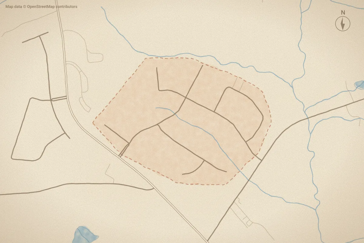 Watercolor map of Forest Ridge in Carthage, NC, showing its streets, water and surroundings