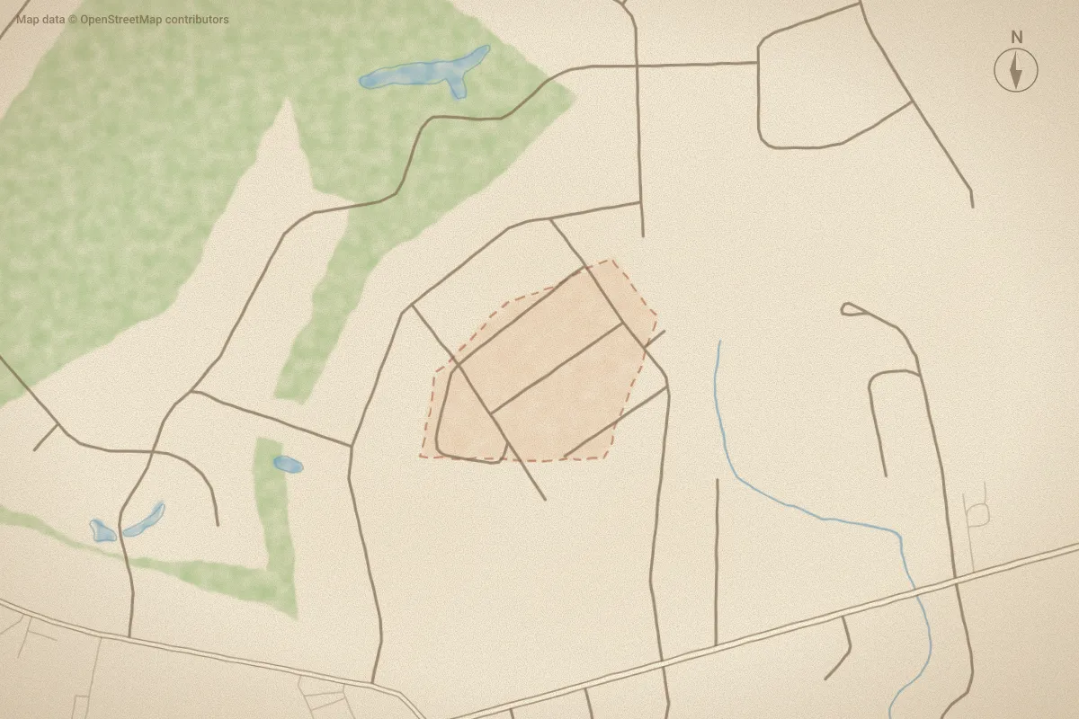 Watercolor map of Fox Forest in Cape Carteret, NC, showing its streets, water and surroundings