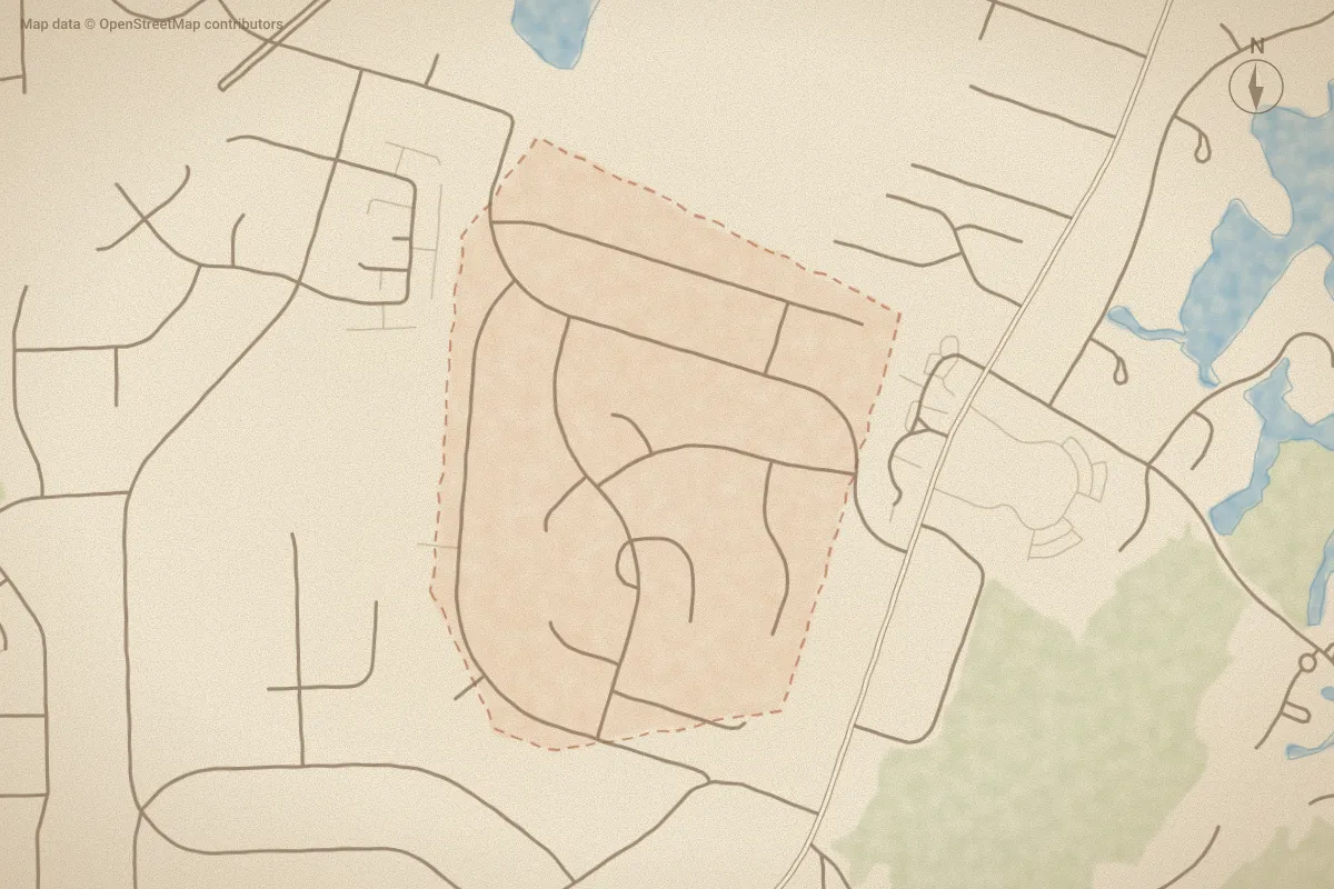 Watercolor map of Fox Hollow in New Bern, NC, showing its streets, water and surroundings