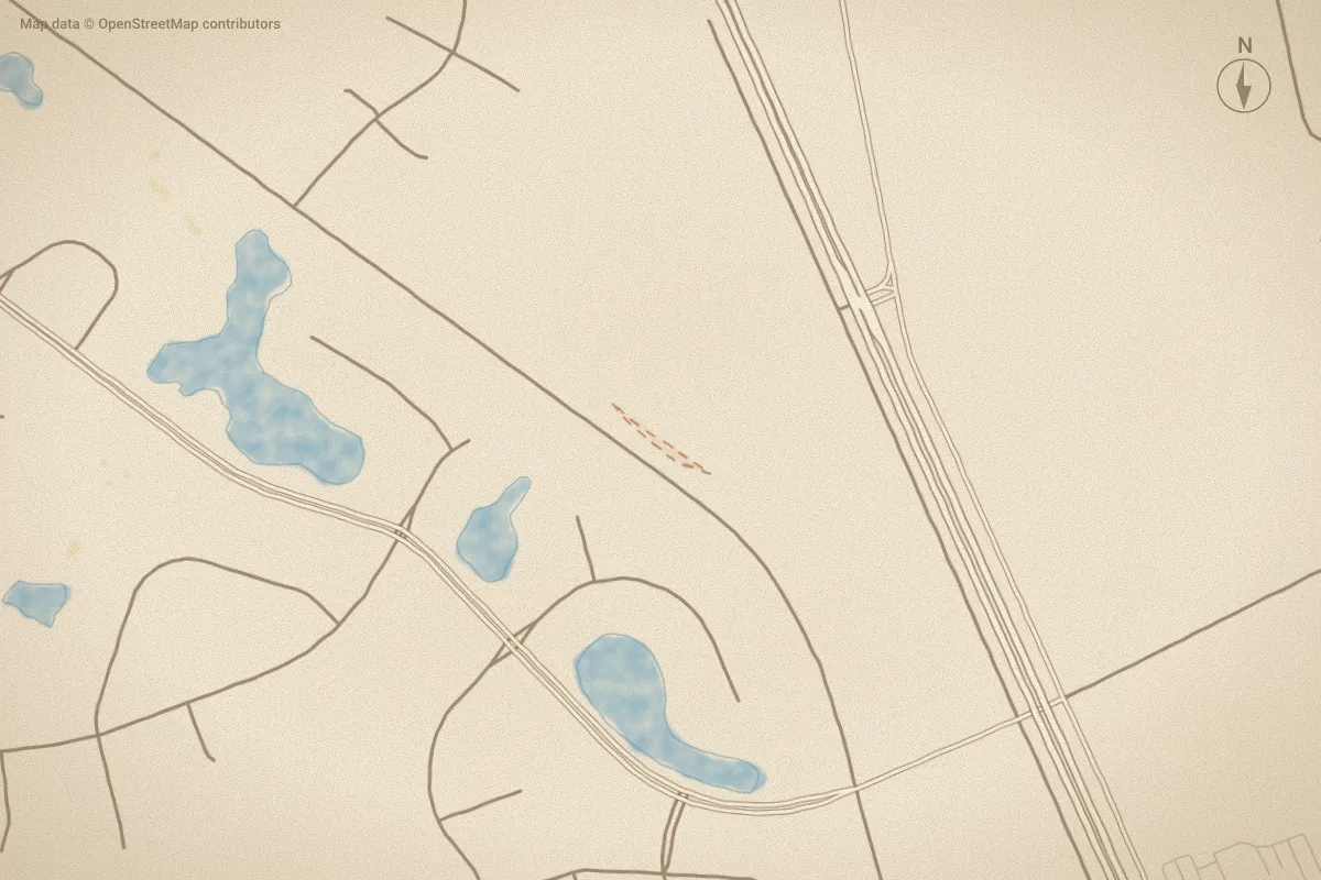 Watercolor map of Fox Meadows in New Bern, NC, showing its streets, water and surroundings