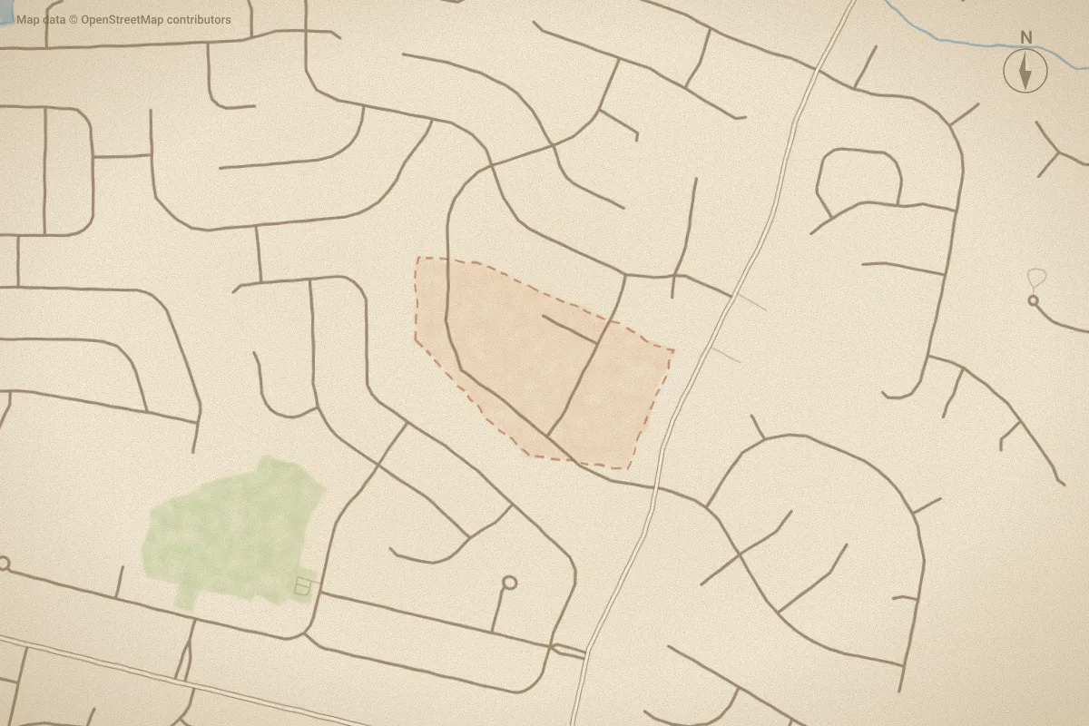 Watercolor map of Foxchase in Winterville, NC, showing its streets, water and surroundings