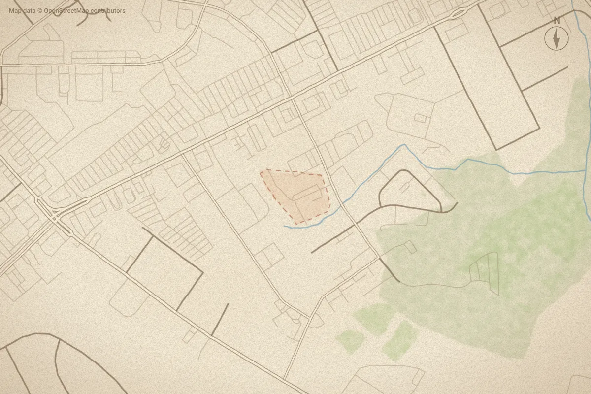 Watercolor map of Fredericksburg in Goldsboro, NC, showing its streets, water and surroundings