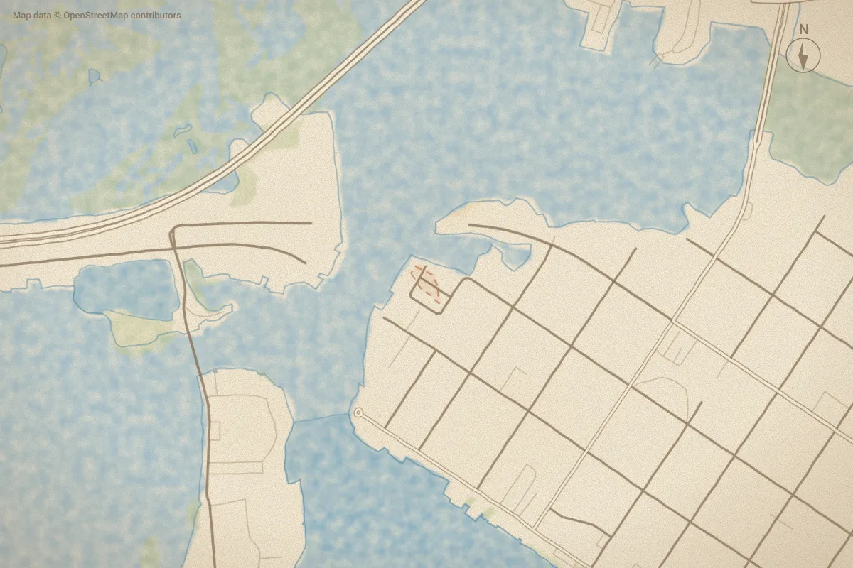 Watercolor map of Gallants Landing in Beaufort, NC, showing its streets, water and surroundings