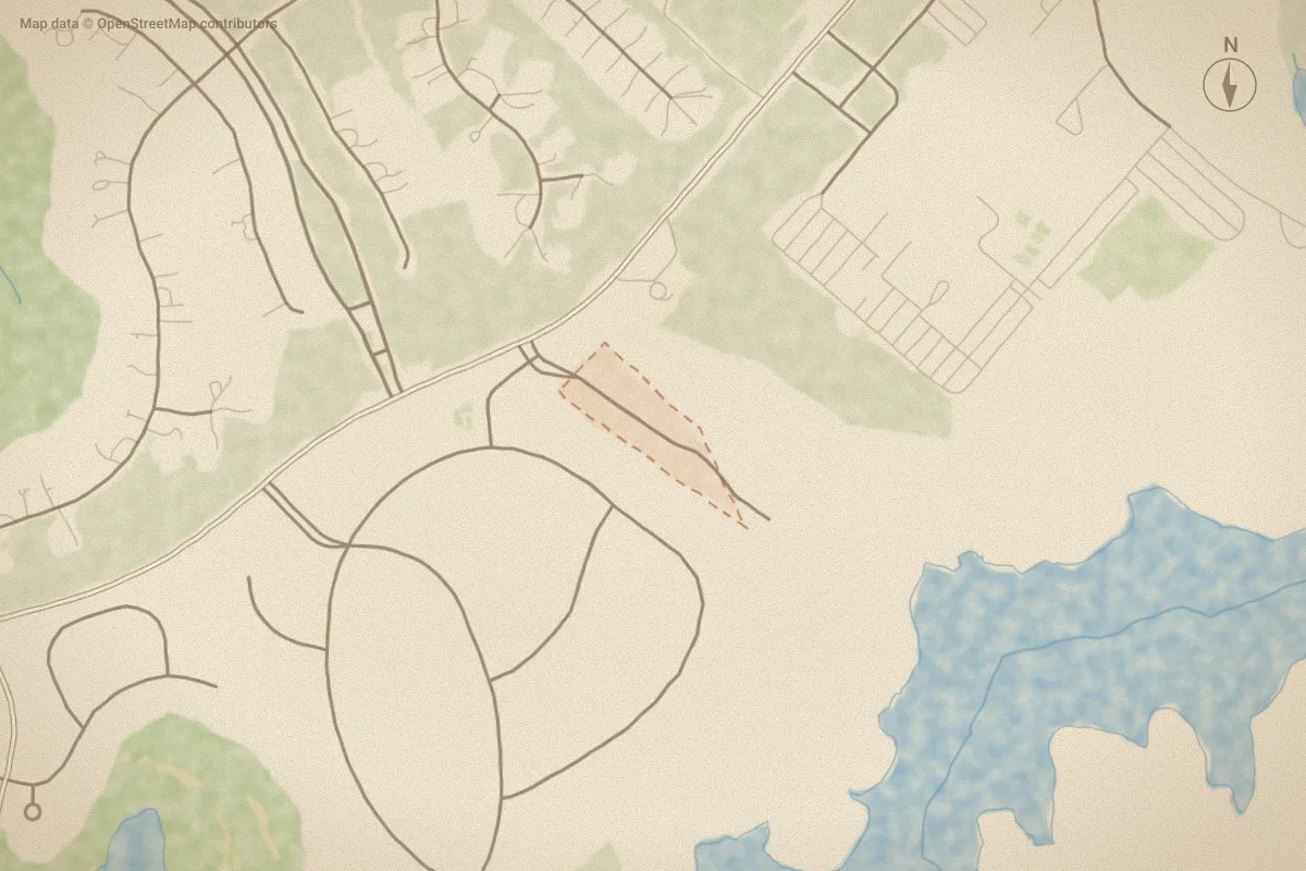 Watercolor map of Garden Villas in Pinehurst, NC, showing its streets, water and surroundings