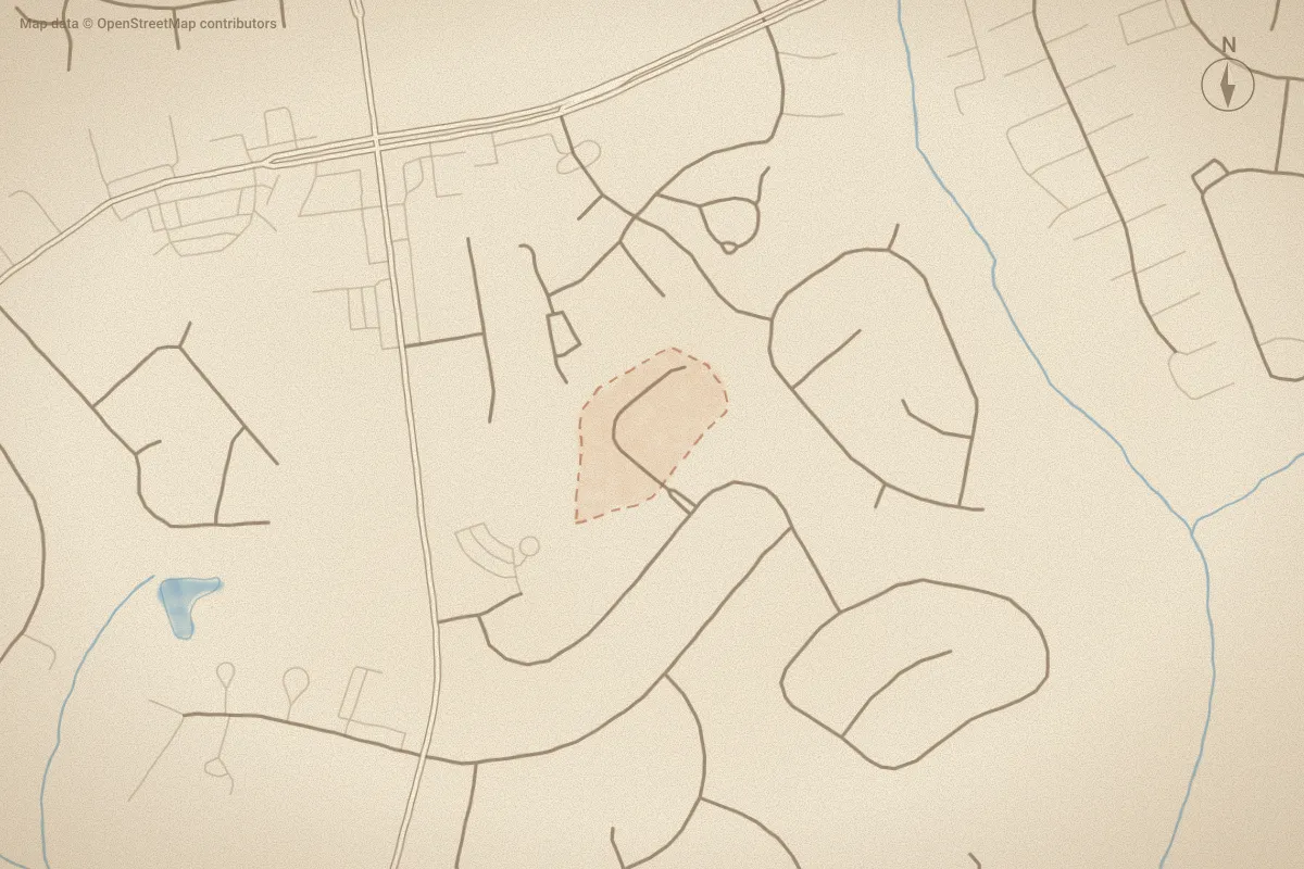 Watercolor map of Glen Castle at Irish Creek in Winterville, NC, showing its streets, water and surroundings