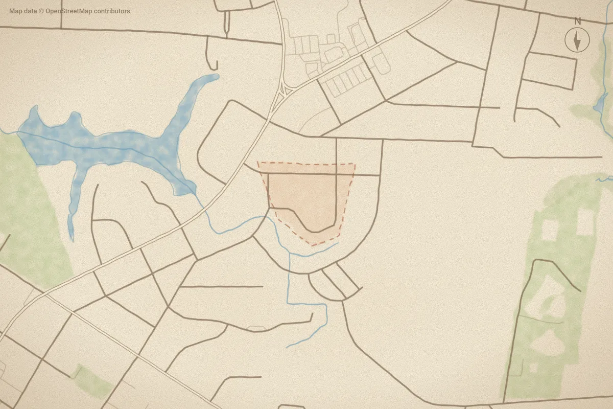 Watercolor map of Glendale Park in Beaufort, NC, showing its streets, water and surroundings