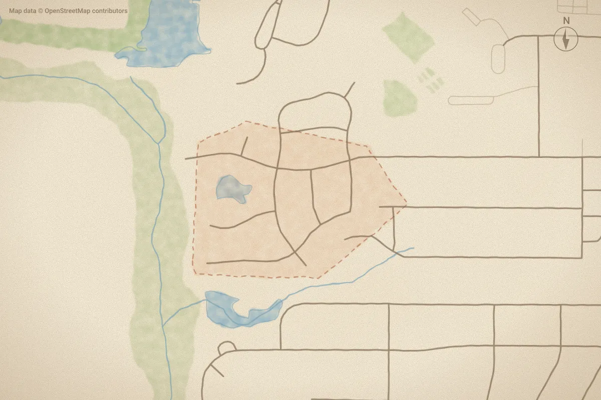 Watercolor map of Glenn Laurel in Aberdeen, NC, showing its streets, water and surroundings