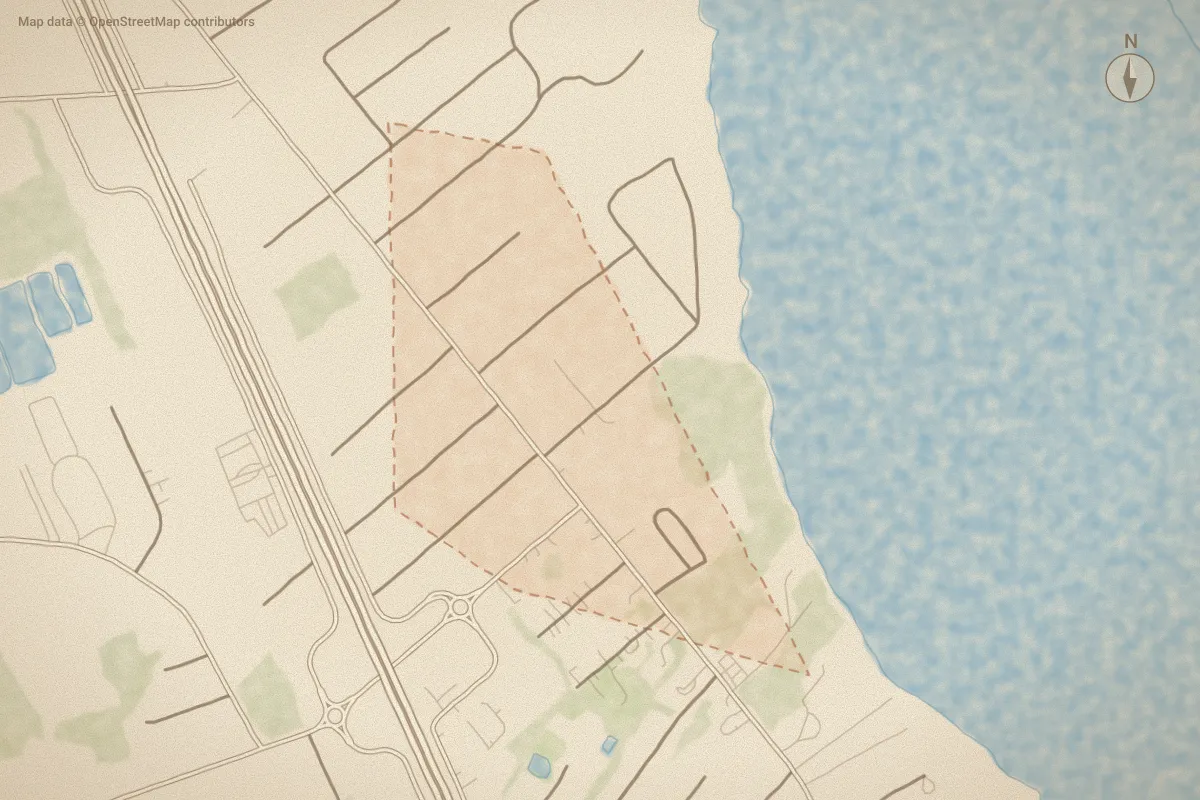 Watercolor map of Grantham in New Bern, NC, showing its streets, water and surroundings