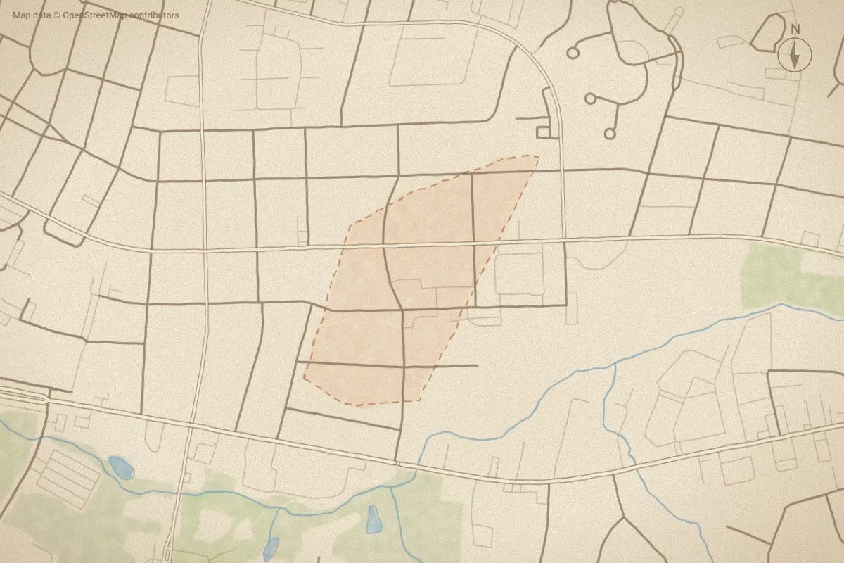 Watercolor map of Green Springs in Greenville, NC, showing its streets, water and surroundings