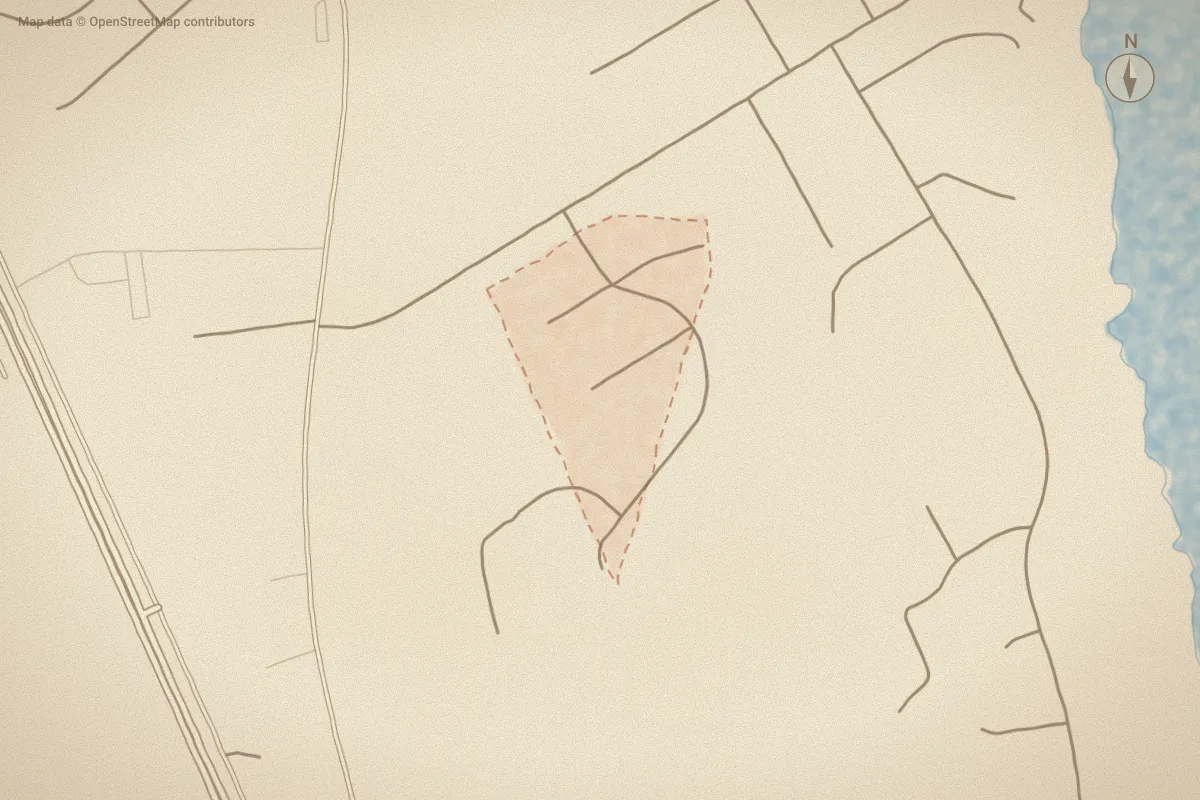 Watercolor map of Green Trees in New Bern, NC, showing its streets, water and surroundings
