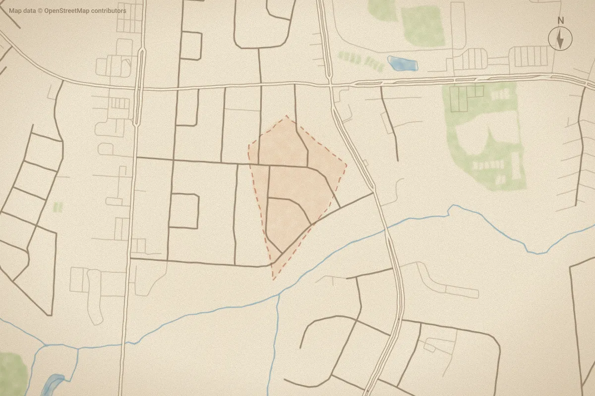 Watercolor map of Greenbriar in Greenville, NC, showing its streets, water and surroundings