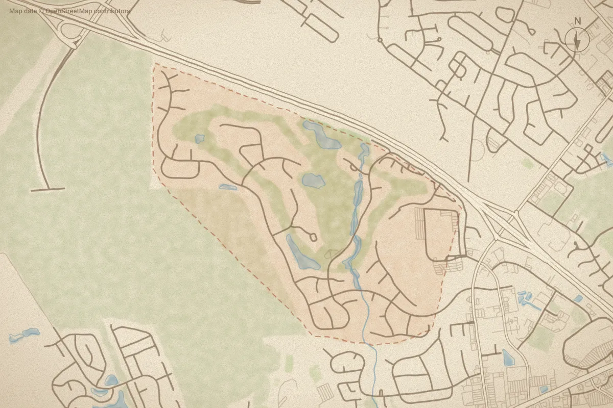 Watercolor map of Greenbrier in New Bern, NC, showing its streets, water and surroundings
