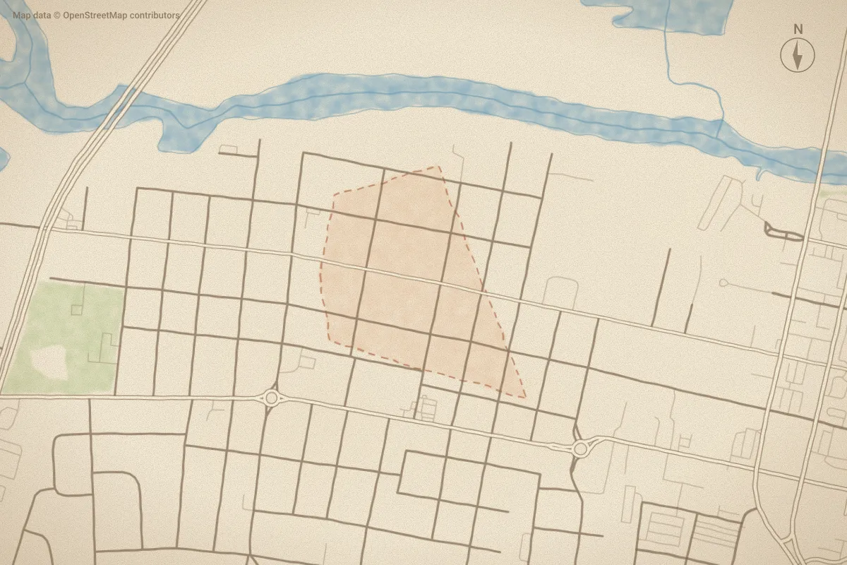 Watercolor map of Greenville Heights in Greenville, NC, showing its streets, water and surroundings