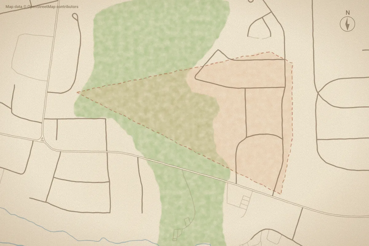 Watercolor map of Greenwood in New Bern, NC, showing its streets, water and surroundings