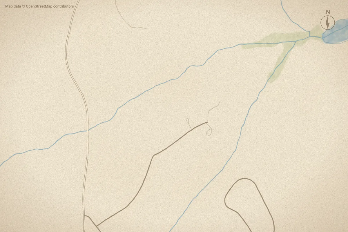 Watercolor map of Gretchen Estates in West End, NC, showing its streets, water and surroundings