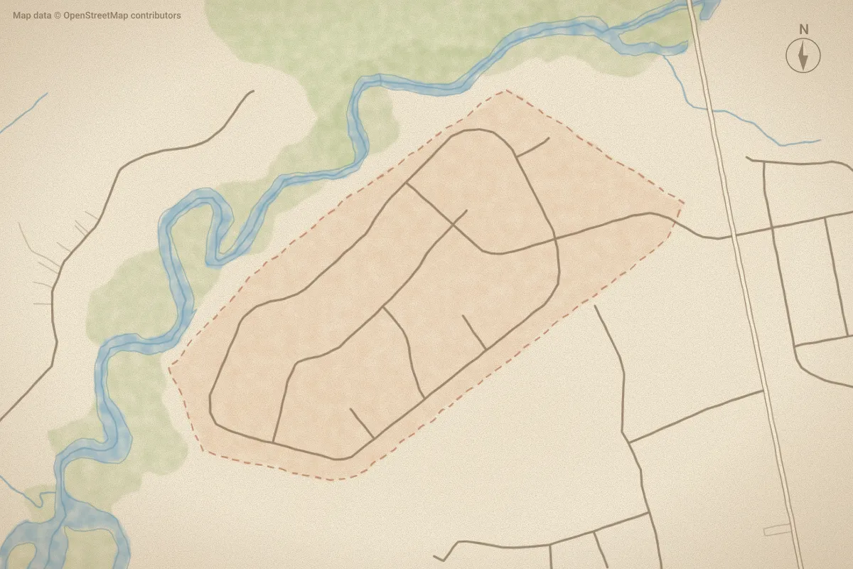 Watercolor map of Hadnot Creek in Swansboro, NC, showing its streets, water and surroundings