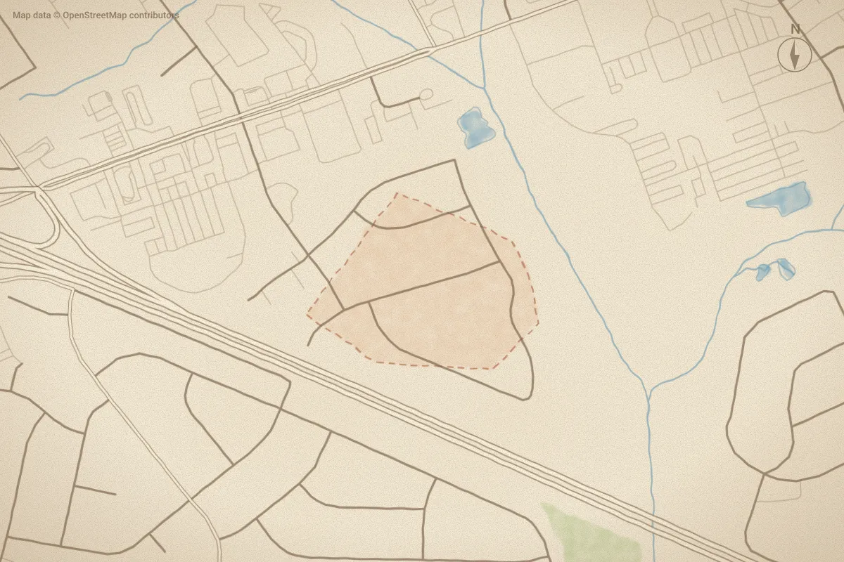 Watercolor map of Handley Acres in Goldsboro, NC, showing its streets, water and surroundings
