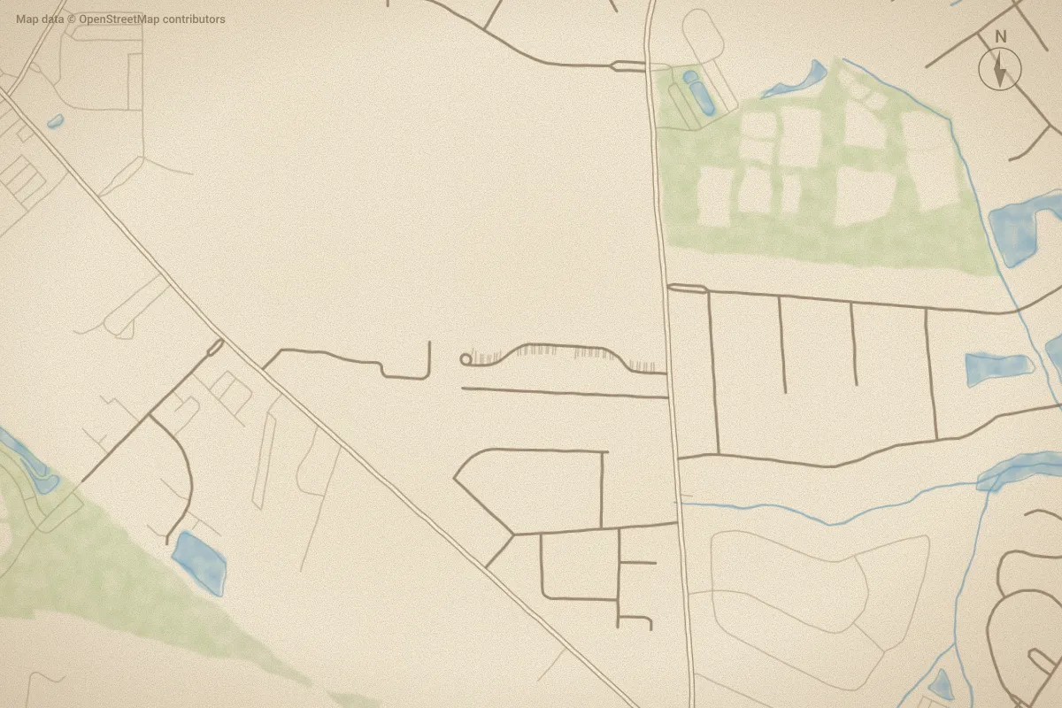 Watercolor map of Harbor Bay Townhomes in Elizabeth City, NC, showing its streets, water and surroundings
