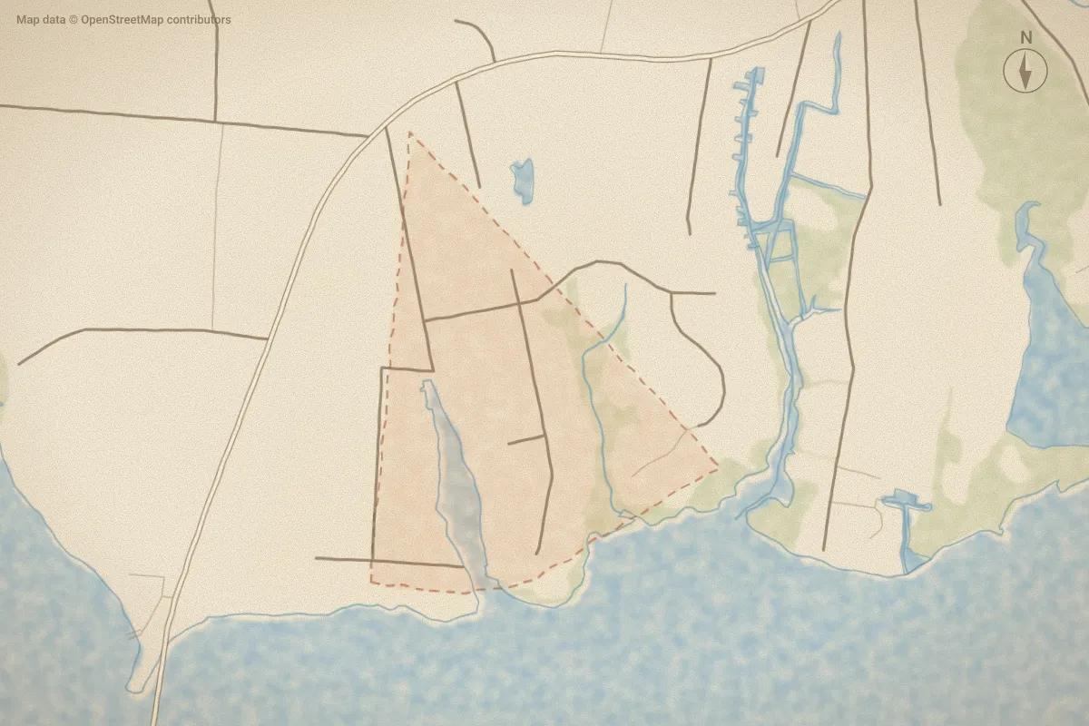 Watercolor map of Harbor Point in Beaufort, NC, showing its streets, water and surroundings