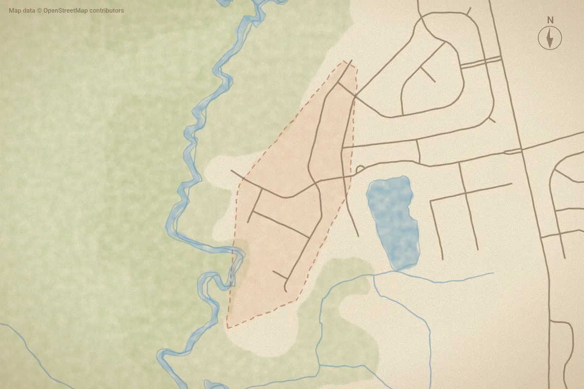 Watercolor map of Hardee Farms in New Bern, NC, showing its streets, water and surroundings