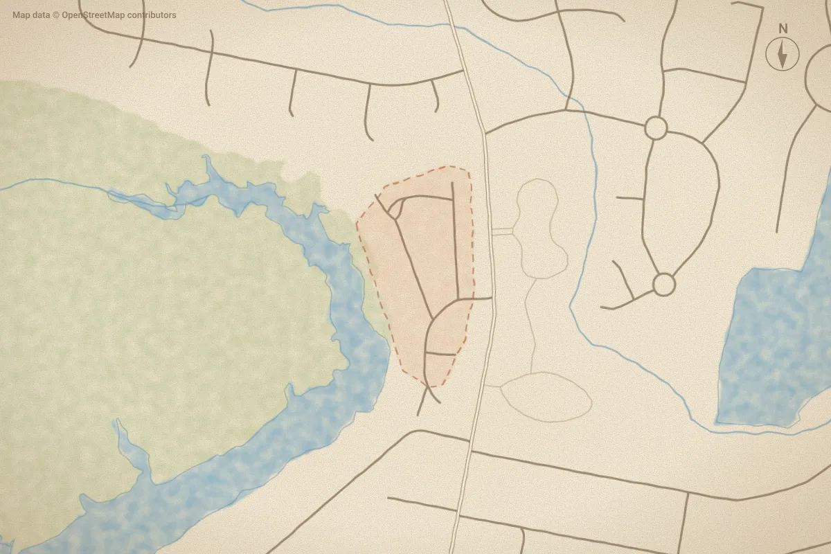 Watercolor map of Haywood Creek Landing in New Bern, NC, showing its streets, water and surroundings