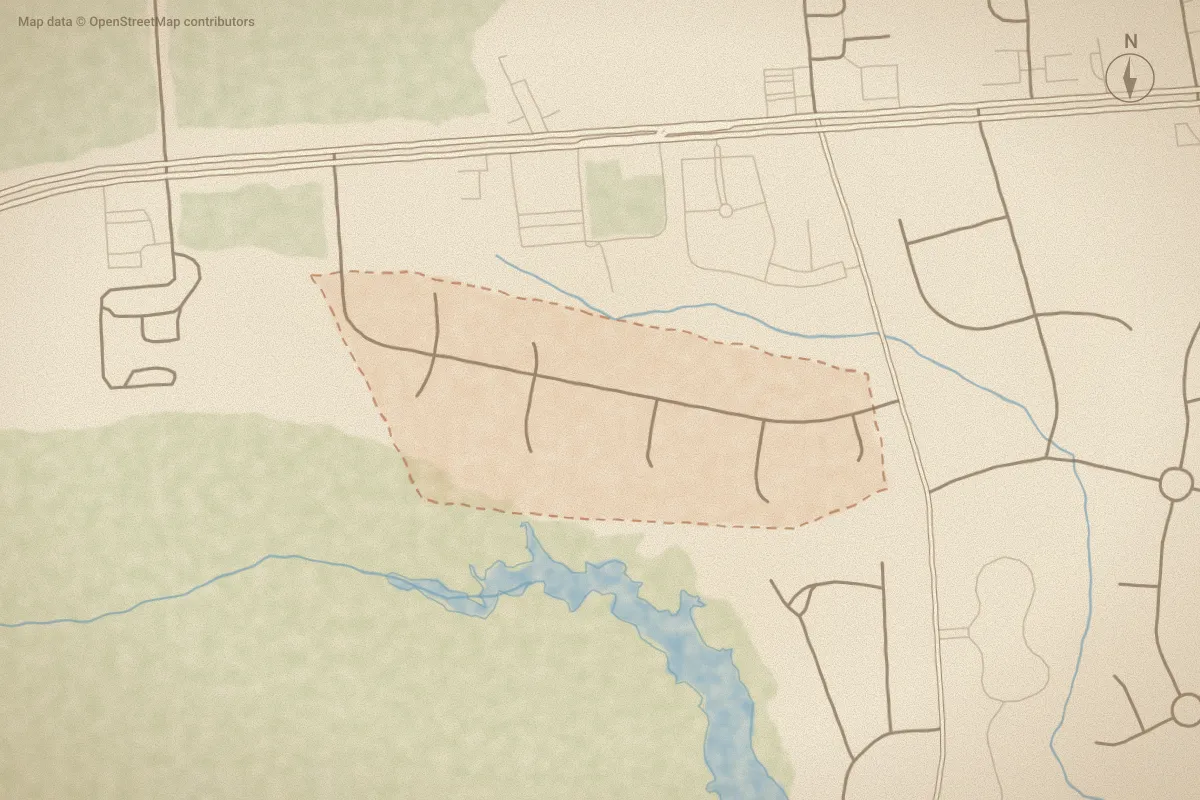 Watercolor map of Haywood Farms in New Bern, NC, showing its streets, water and surroundings