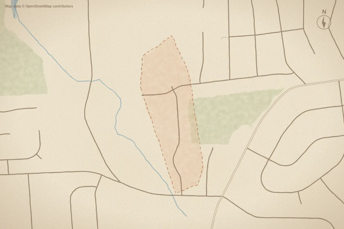 Watercolor map of Hickory Run at River Trace in New Bern, NC, showing its streets, water and surroundings