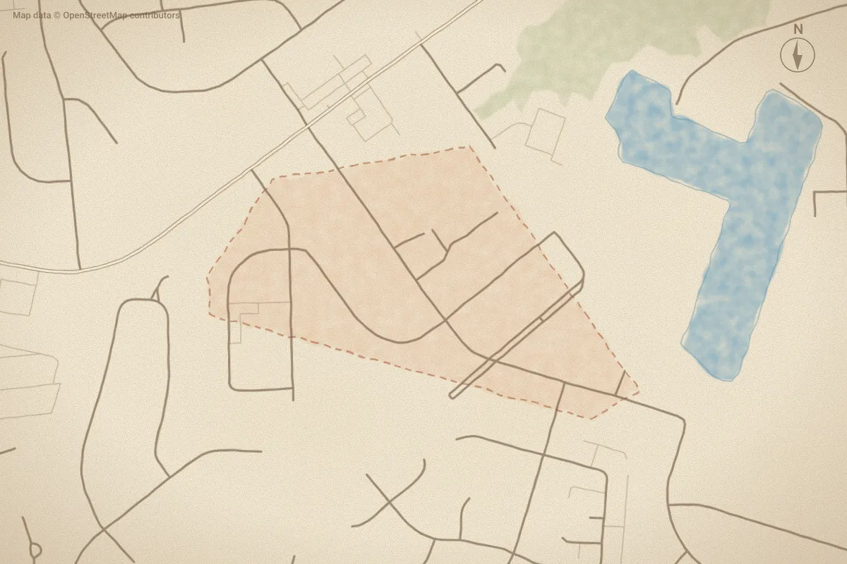 Watercolor map of Highland Park in New Bern, NC, showing its streets, water and surroundings
