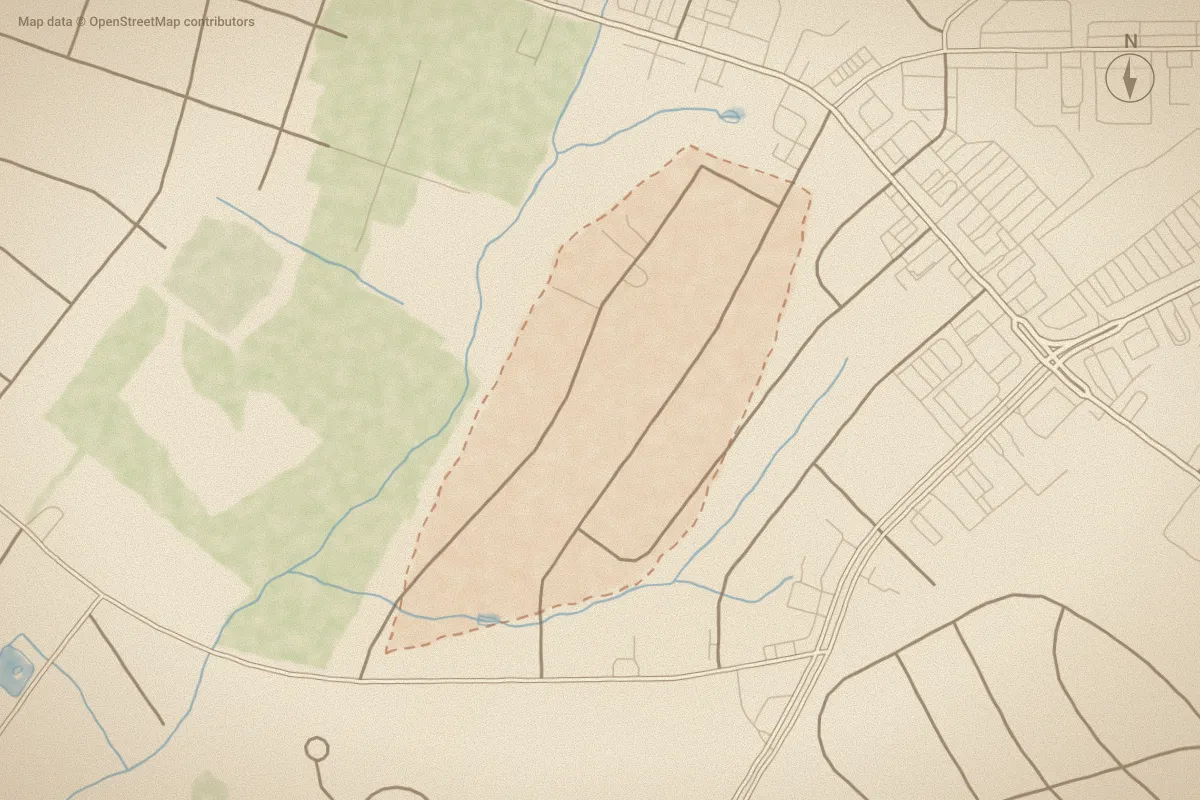 Watercolor map of Hillcrest Farm in Goldsboro, NC, showing its streets, water and surroundings