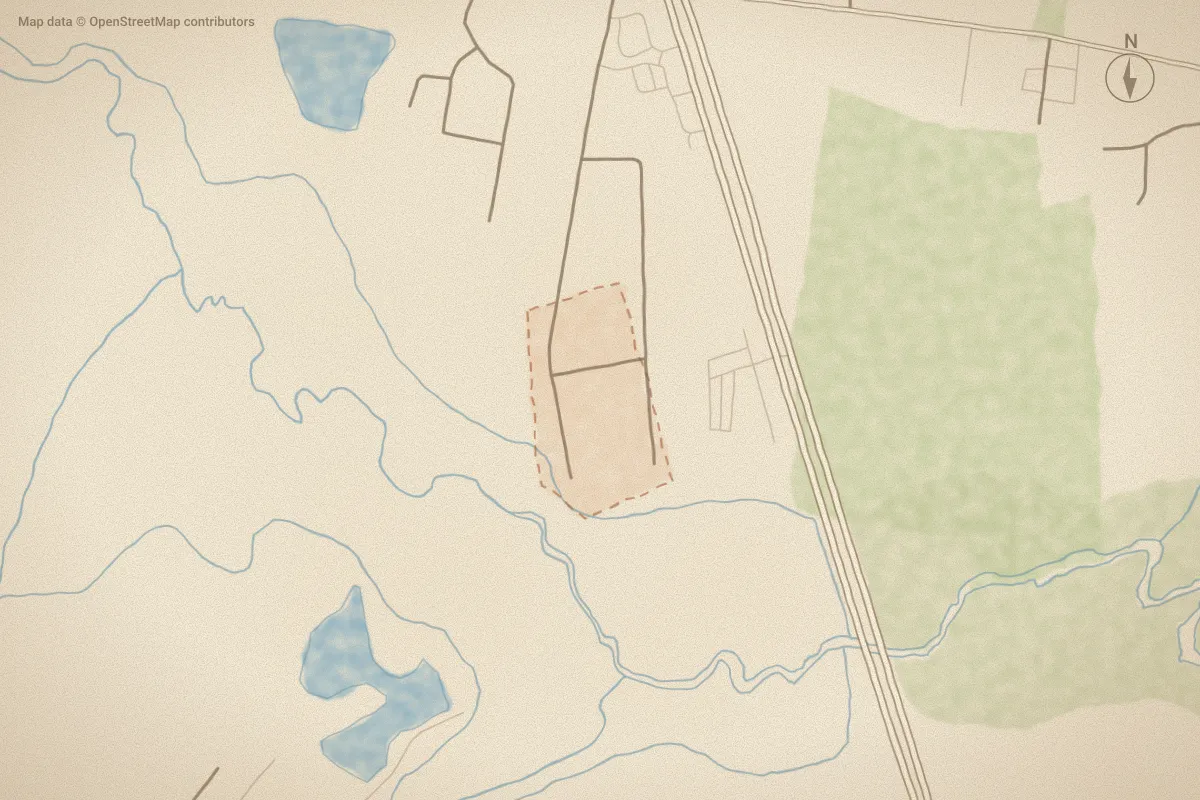 Watercolor map of Hilltop Acres in Newport, NC, showing its streets, water and surroundings
