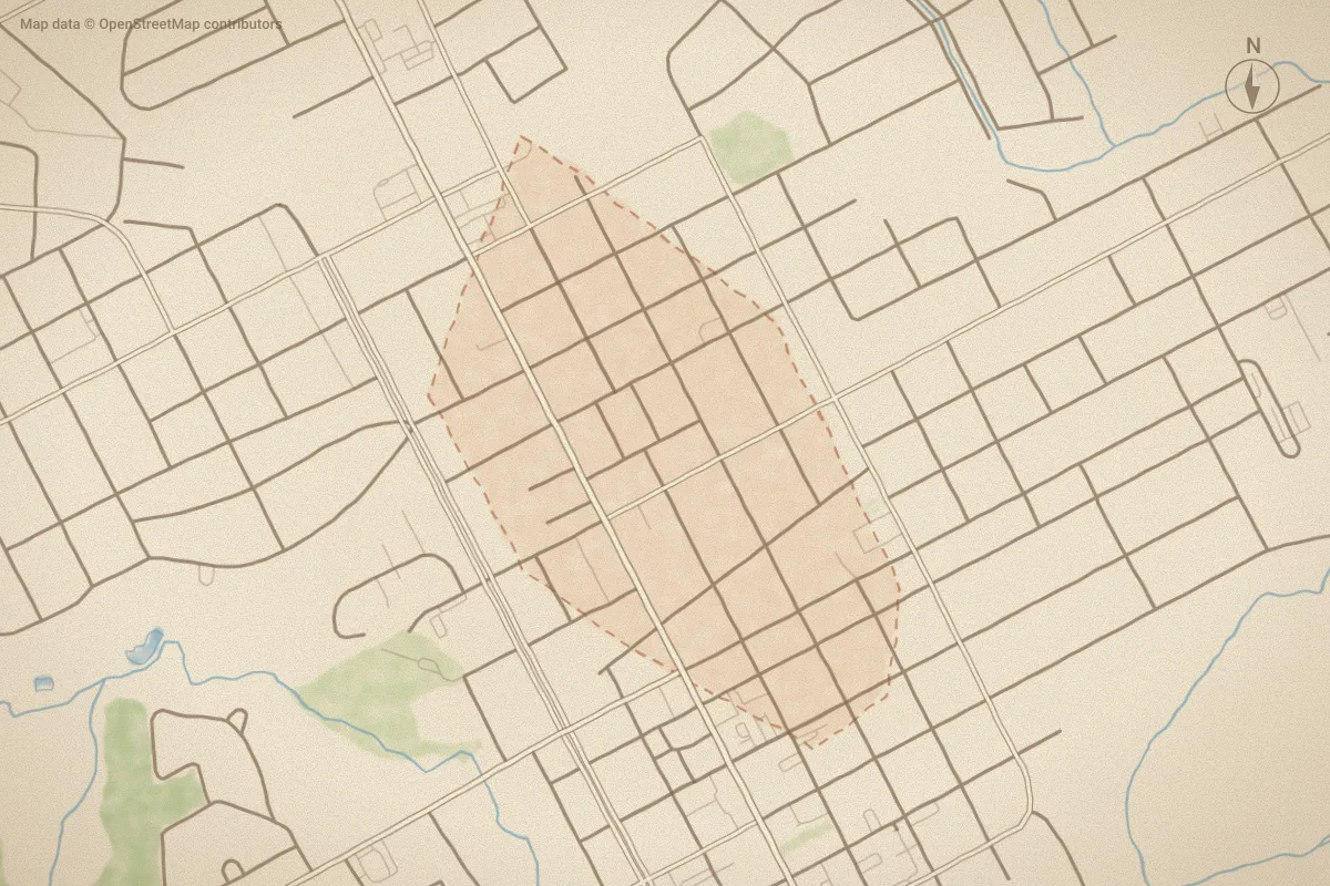 Watercolor map of Historic District in Tarboro, NC, showing its streets, water and surroundings