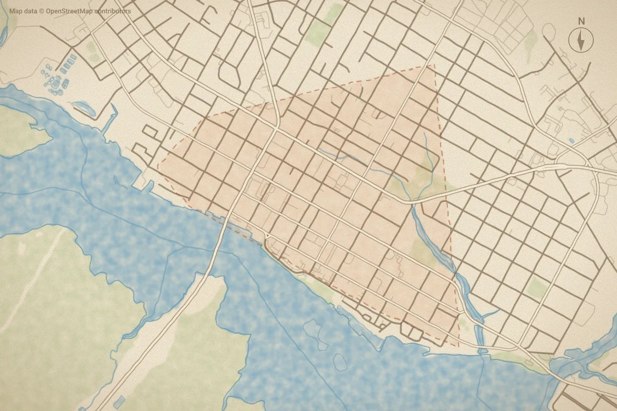 Watercolor map of Historic District in Washington, NC, showing its streets, water and surroundings