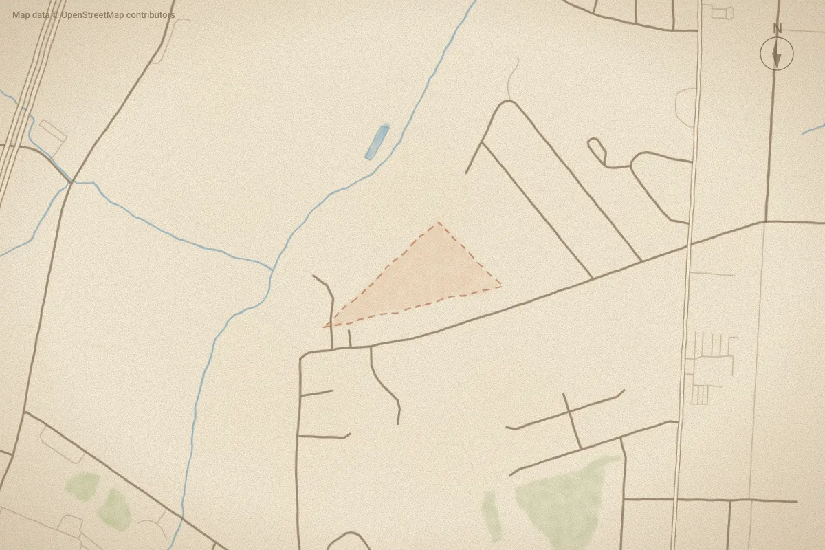 Watercolor map of Hobbs Farm in Ayden, NC, showing its streets, water and surroundings