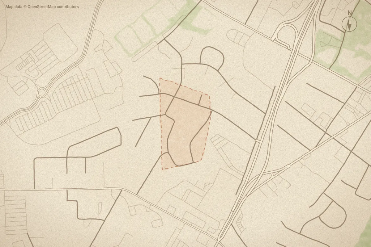 Watercolor map of Holiday Town in Southern Pines, NC, showing its streets, water and surroundings