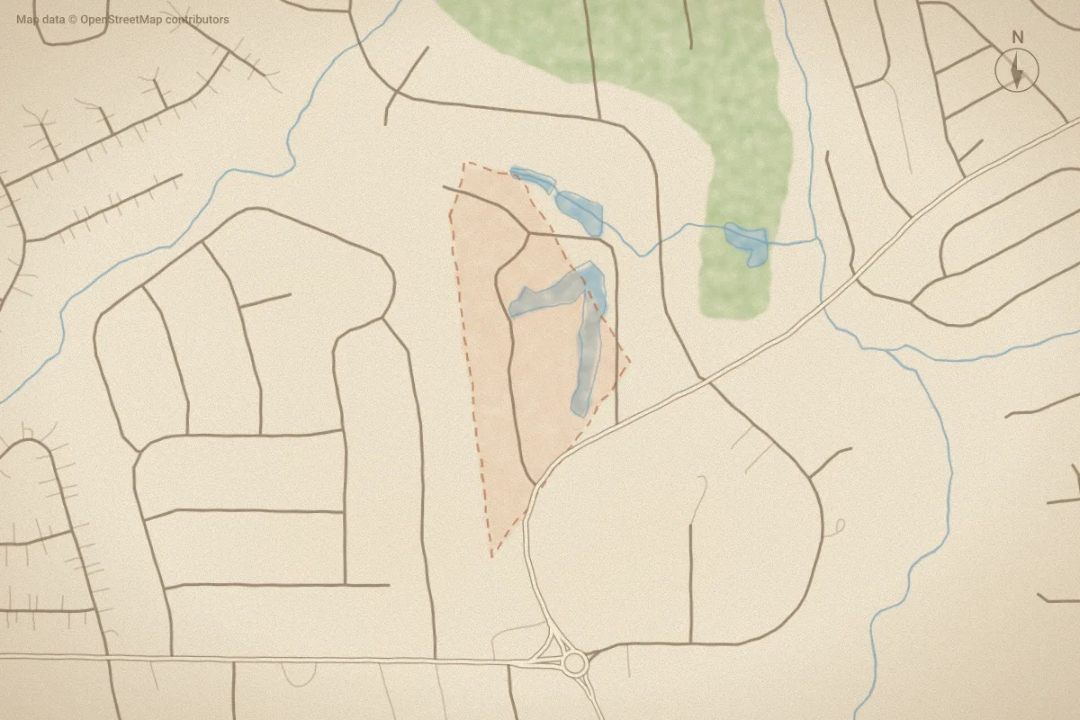 Watercolor map of Holly Hills in Greenville, NC, showing its streets, water and surroundings