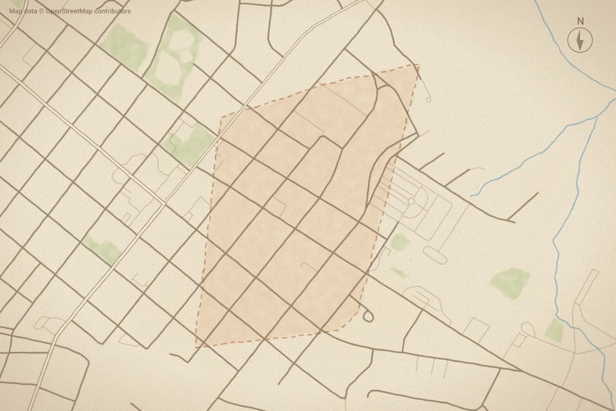 Watercolor map of Hollywood in Farmville, NC, showing its streets, water and surroundings