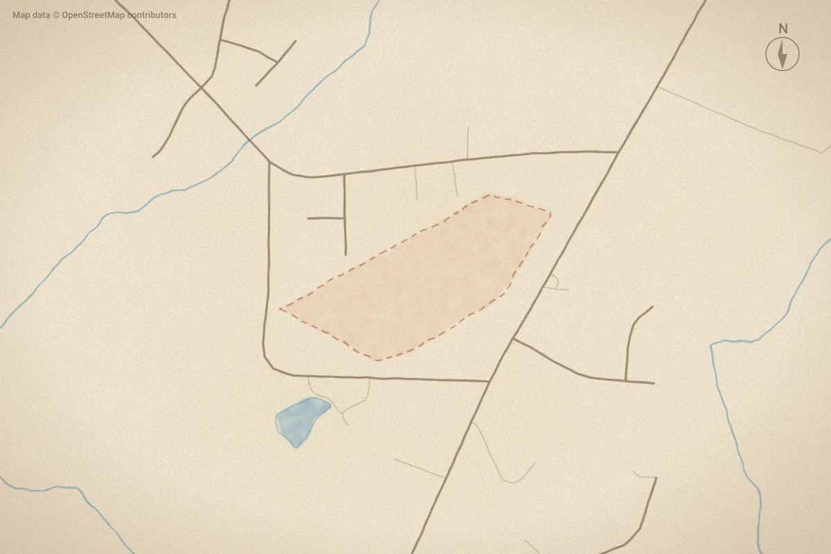 Watercolor map of Howell Farm in Selma, NC, showing its streets, water and surroundings