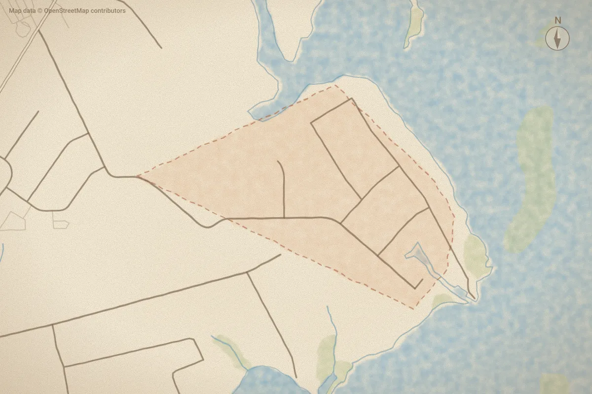 Watercolor map of Howland Rock in Beaufort, NC, showing its streets, water and surroundings