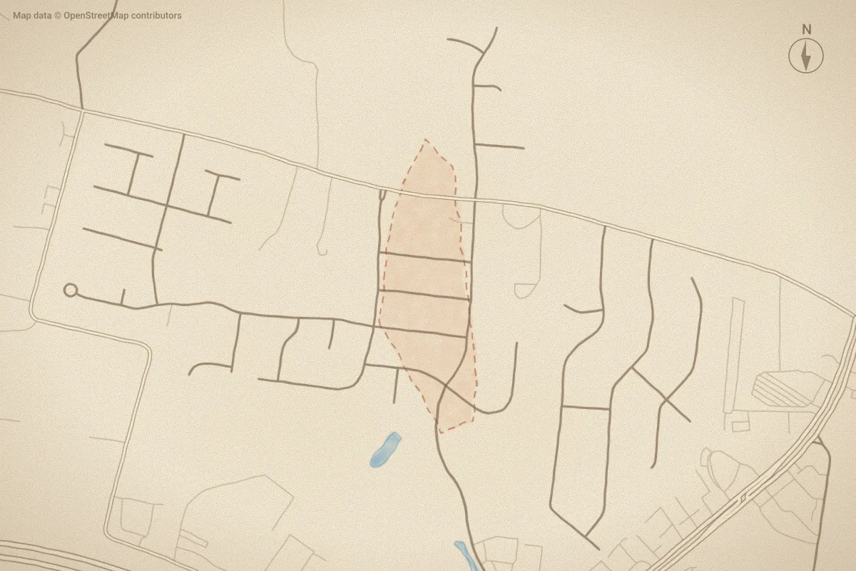 Watercolor map of Hunter Hill in Rocky Mount, NC, showing its streets, water and surroundings