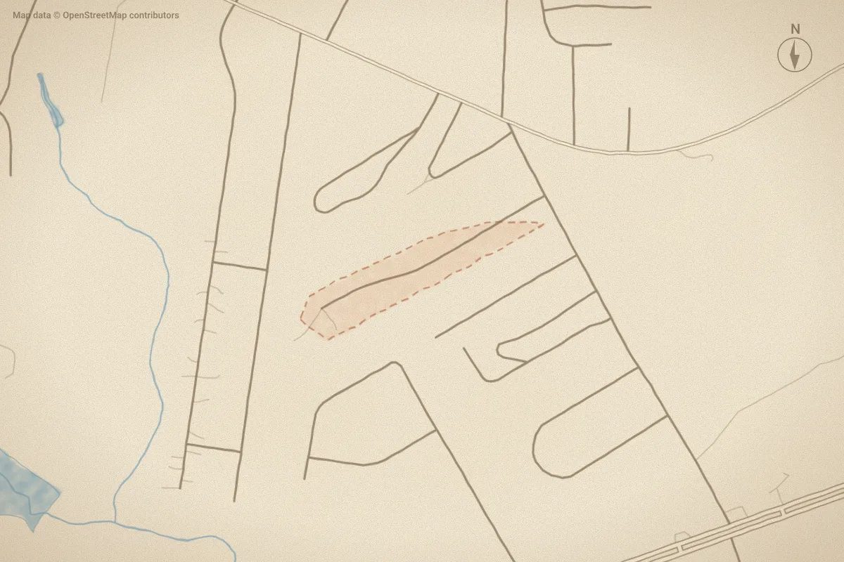 Watercolor map of Hunters Landing in Aberdeen, NC, showing its streets, water and surroundings