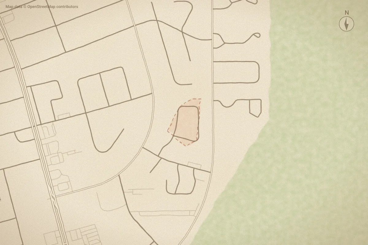 Watercolor map of Hunters Landing in Havelock, NC, showing its streets, water and surroundings