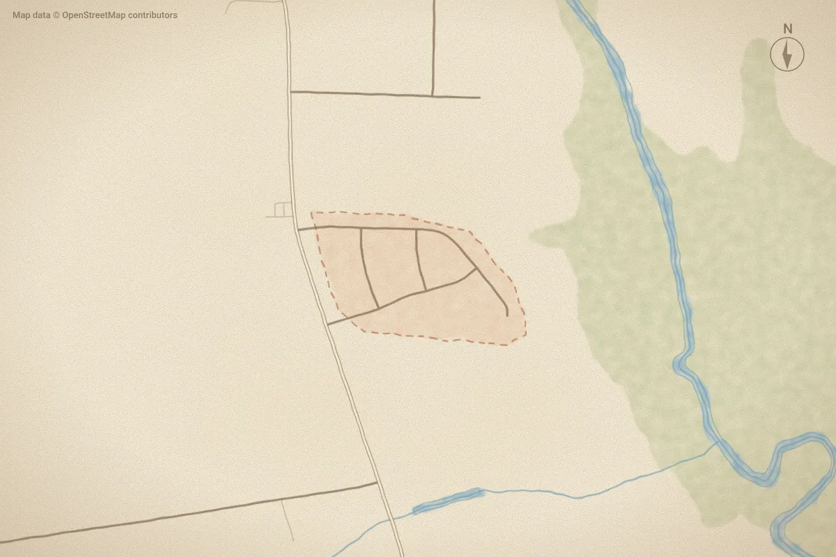 Watercolor map of Hunters Landing in Wilson, NC, showing its streets, water and surroundings