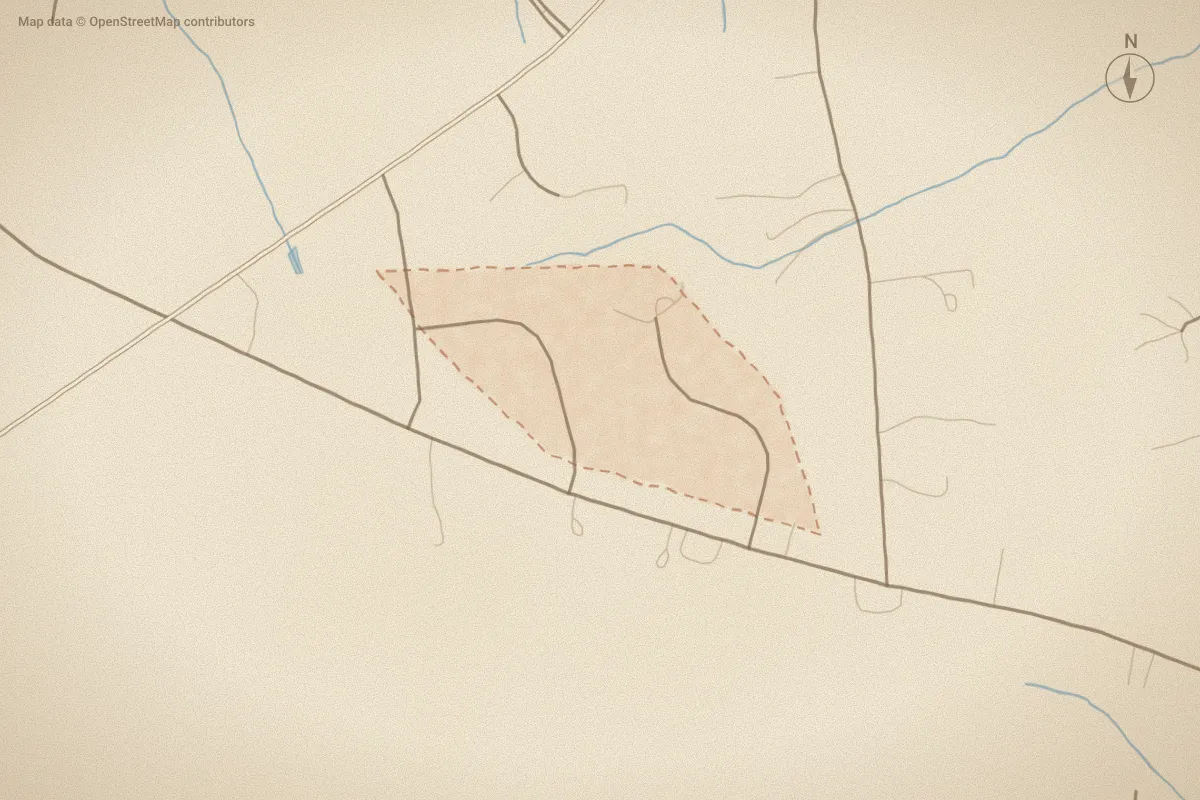 Watercolor map of Hunters Woods in Greenville, NC, showing its streets, water and surroundings