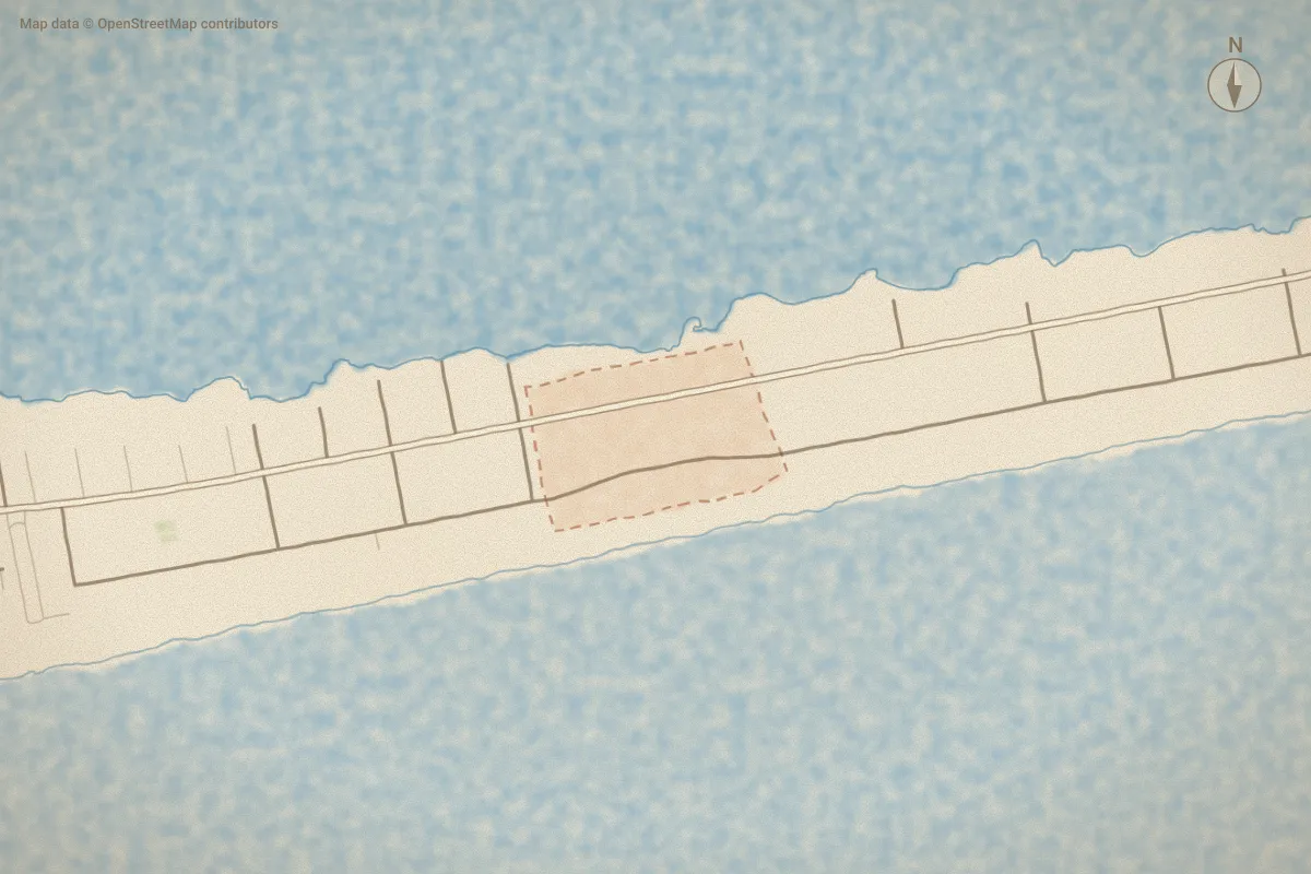 Watercolor map of Island Shore in Emerald Isle, NC, showing its streets, water and surroundings