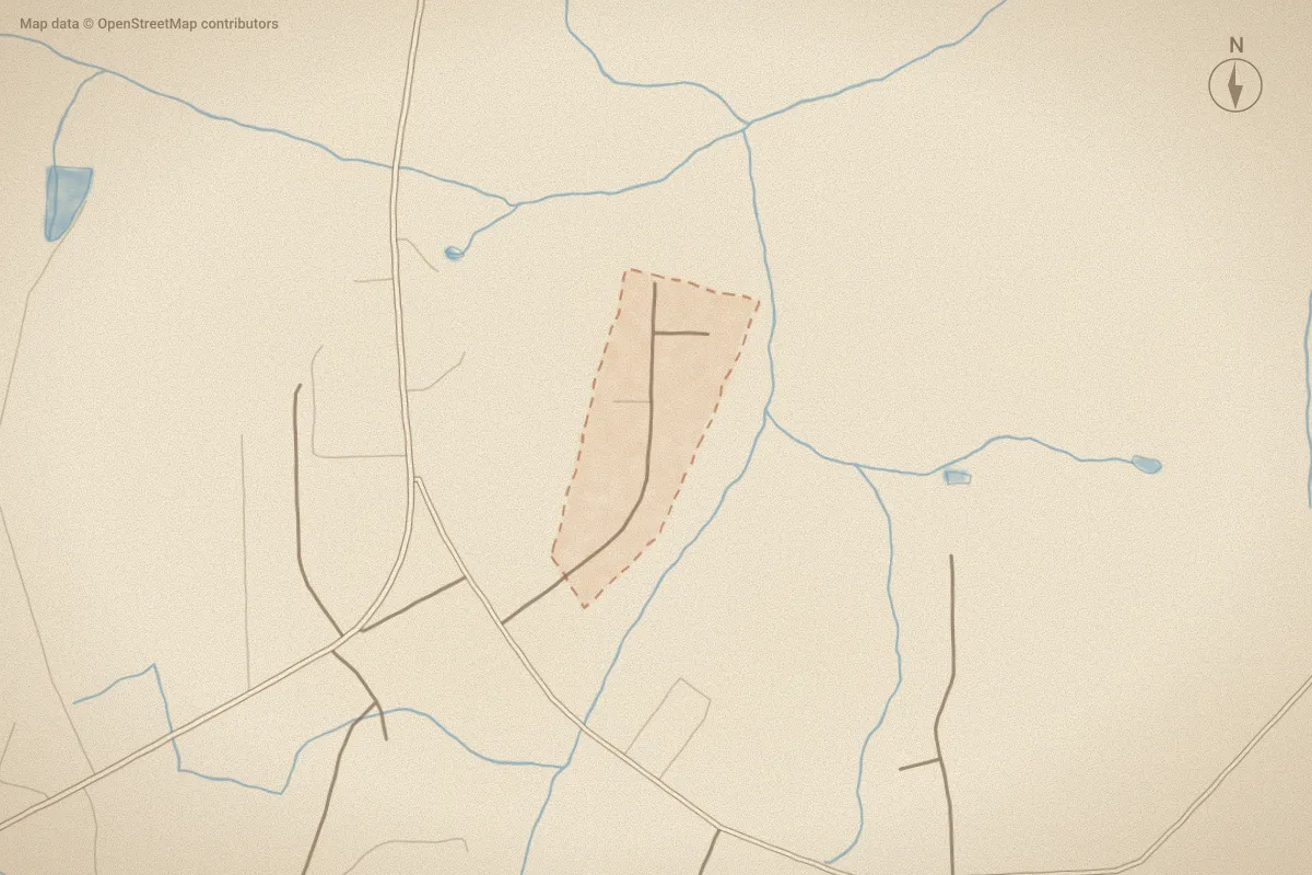 Watercolor map of Jacobs Ridge in Goldsboro, NC, showing its streets, water and surroundings