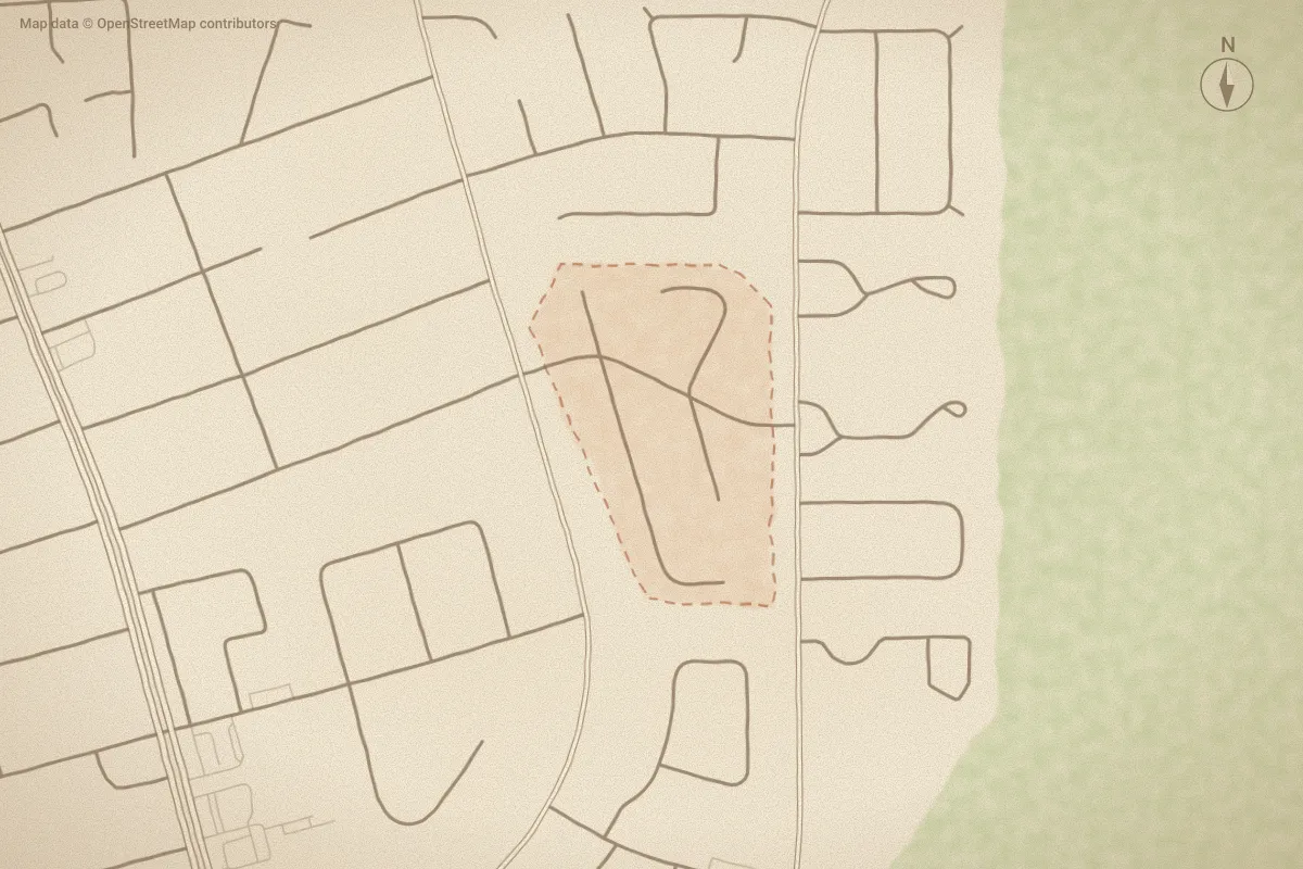 Watercolor map of Jerrett Estates in Havelock, NC, showing its streets, water and surroundings