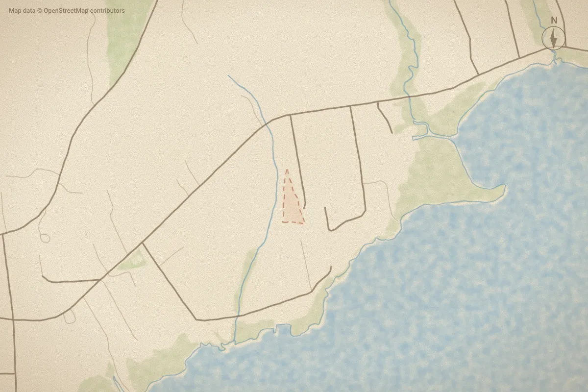 Watercolor map of Joan's Haven in Newport, NC, showing its streets, water and surroundings