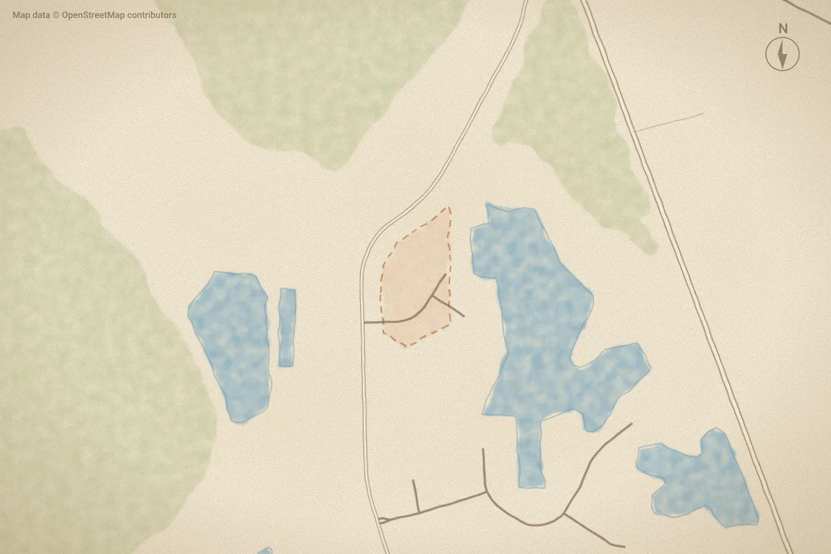Watercolor map of Jones Lake in New Bern, NC, showing its streets, water and surroundings
